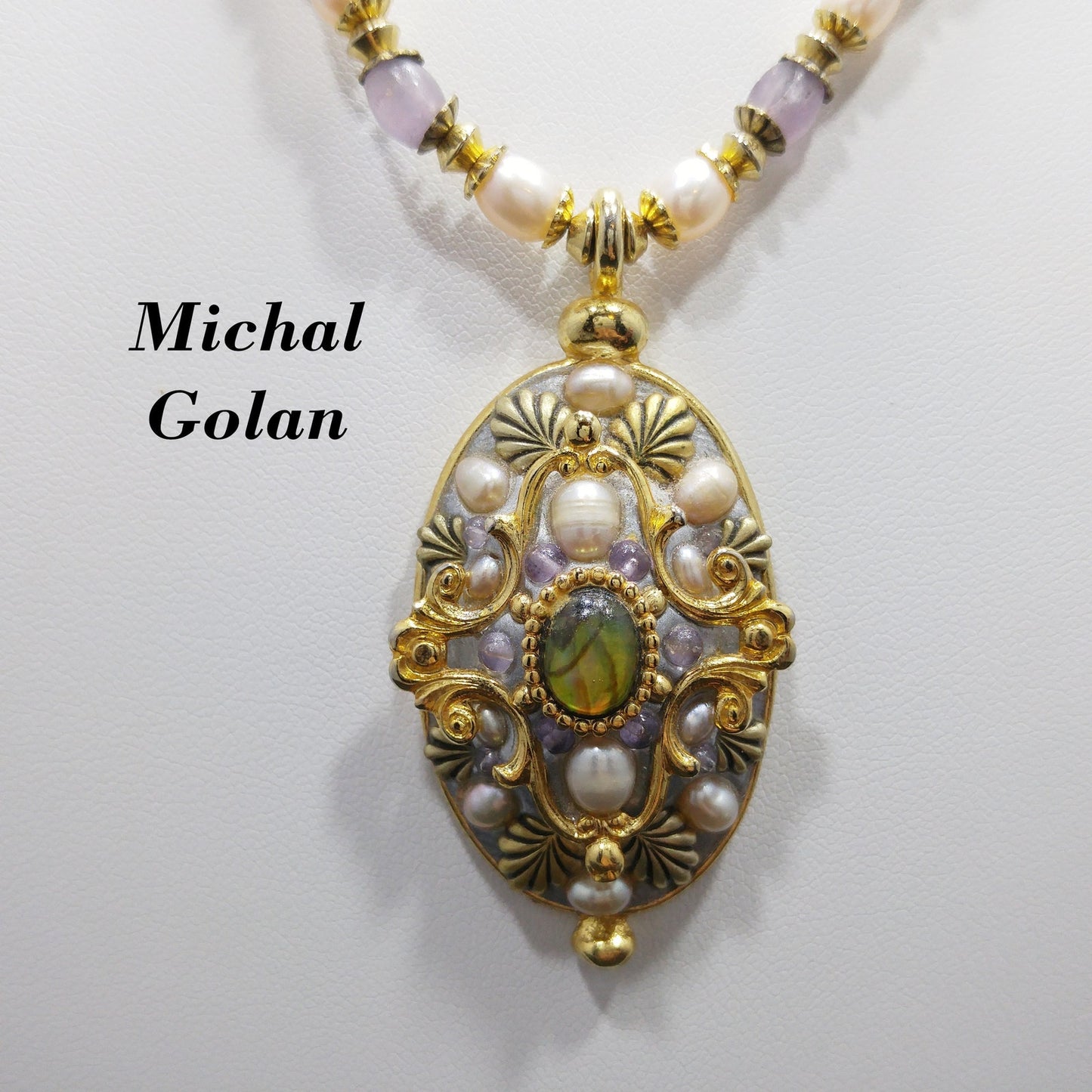 Michal Golan Amethyst Beaded Pendant Necklace, Faux Pearls, Artisan Vintage Jewelry