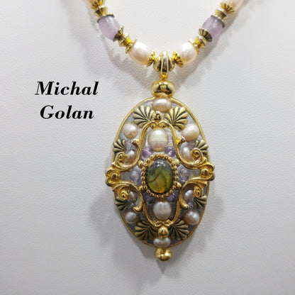 Michal Golan Amethyst Beaded Pendant Necklace, Faux Pearls, Artisan Vintage Jewelry