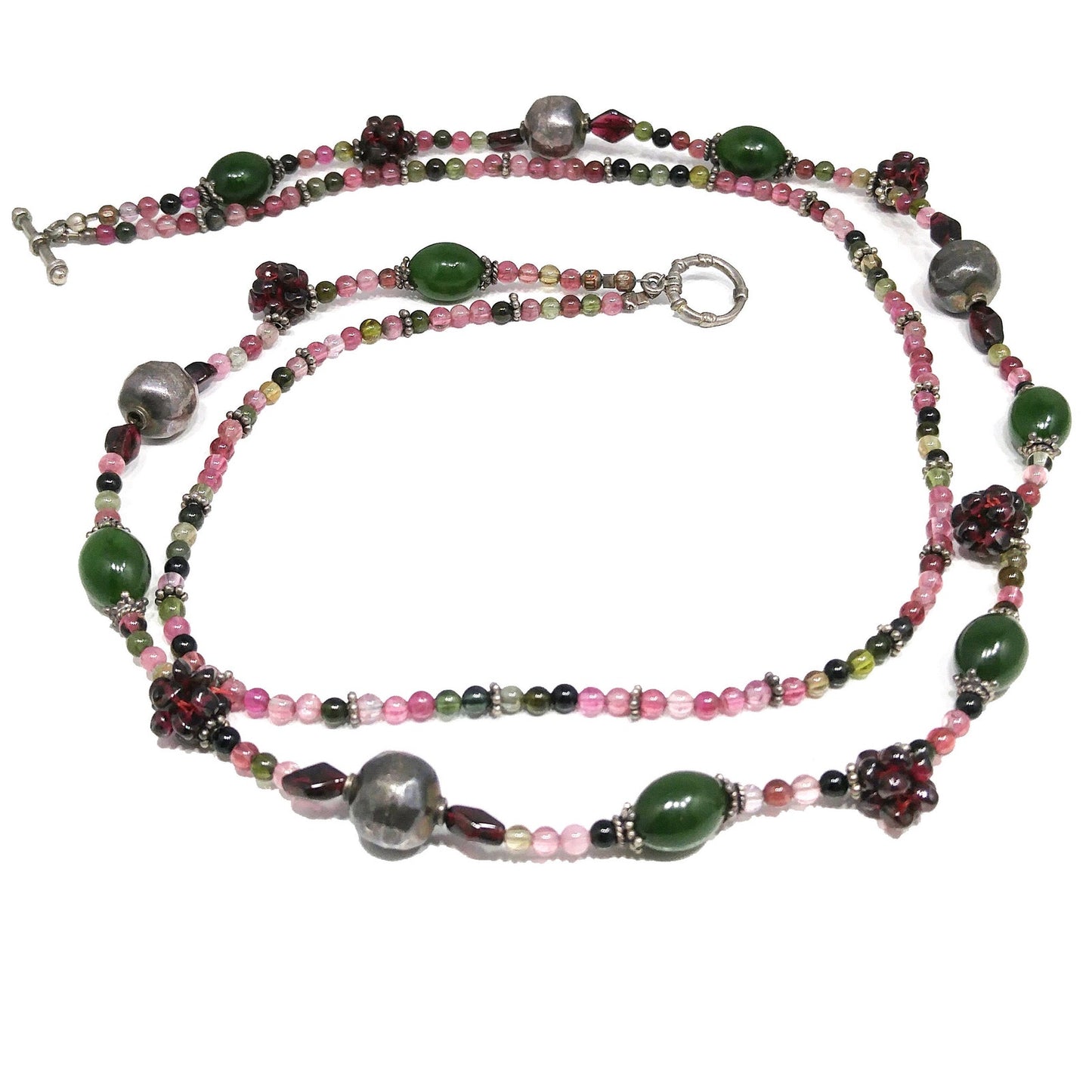 Vintage Gemstone Beaded Necklace, Garnet Clusters, Two Strands, 1990s Vintage Jewelry