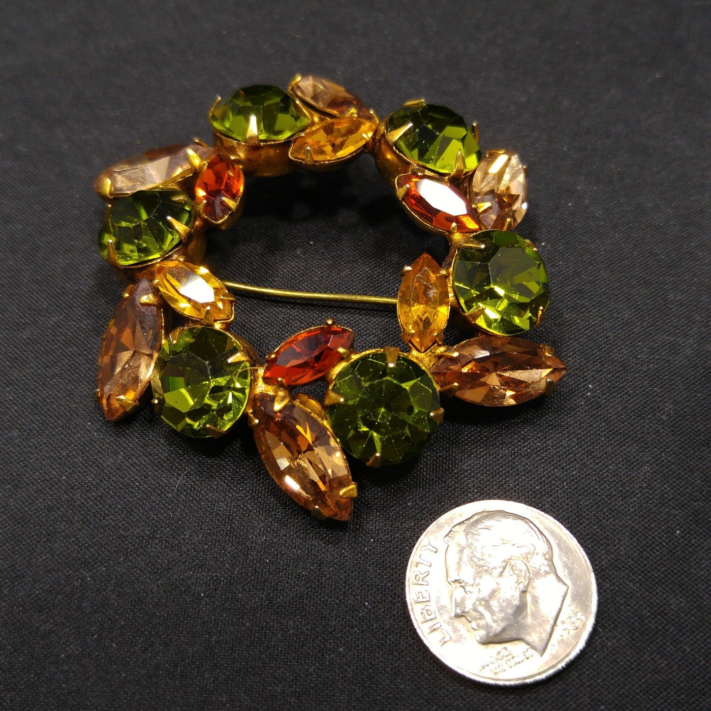 Vintage Regency Wreath Brooch, Green Topaz Citrine Crystal Rhinestones, 1950s Vintage Jewelry