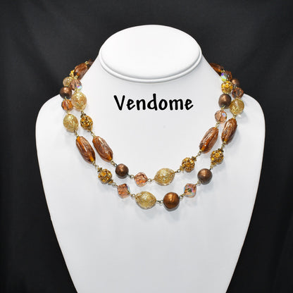 Vendome 1950s Two-Strand Topaz & Bronze Art Glass Necklace | AB Swarovski Crystals, Gold Filigree Beads, Signed Hook Clasp