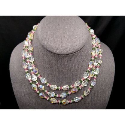 Vendome Crystal Aurora Borealis Pastel Beaded Necklace, 3 Strands Pink Green Crystal Beads, 1960s Vintage Jewelry