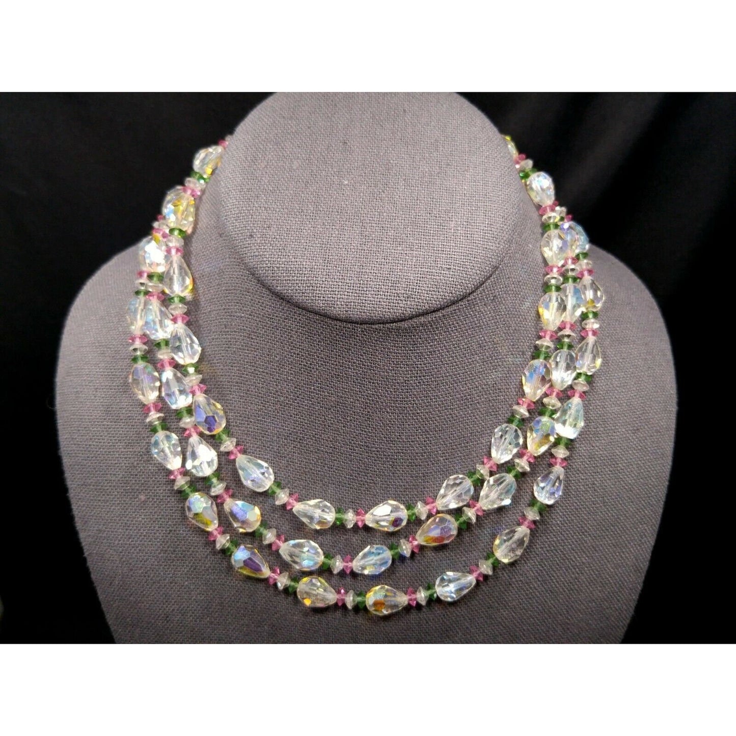 Vendome Triple Strand AB Crystal Necklace Pastel Pink Green Beads Vintage 1950s