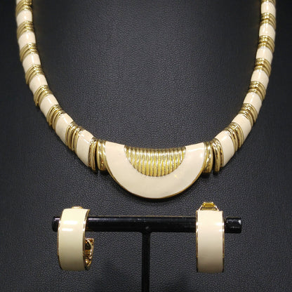 Monet Cream Enamel Gold Plated Necklace & Earrings, 1980s Vintage Jewelry