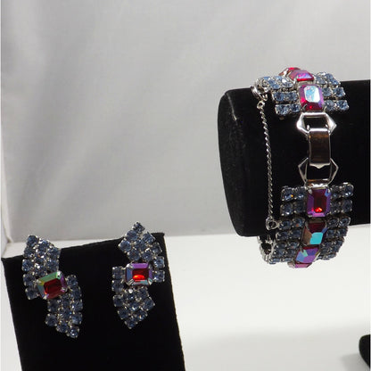 Vintage Rhinestone Bracelet Earring Set, Red Aurora Borealis Emerald Cut