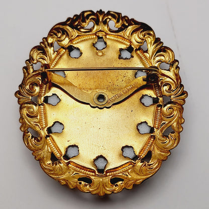 West Germany Vintage Brooch Earrings Twin Pins Set, Portrait Transfer Glass Gold Tone