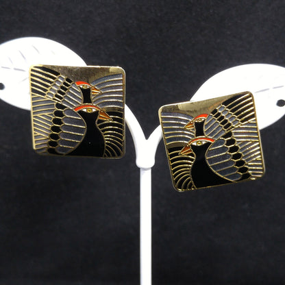 Laurel Burch "Moondoves" Post Earrings, Black Birds, Gold Plated, 1980s