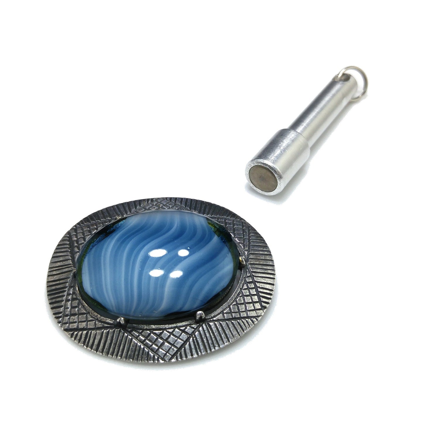 Corocraft Blue Art Glass Brooch, Silver Etched Frame, 1940s Vintage Jewelry