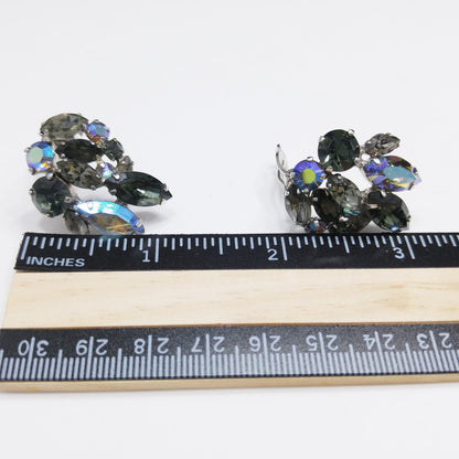 Sherman Black Diamond Rhinestone Earrings, Aurora Borealis, 1960s Vintage Jewelry