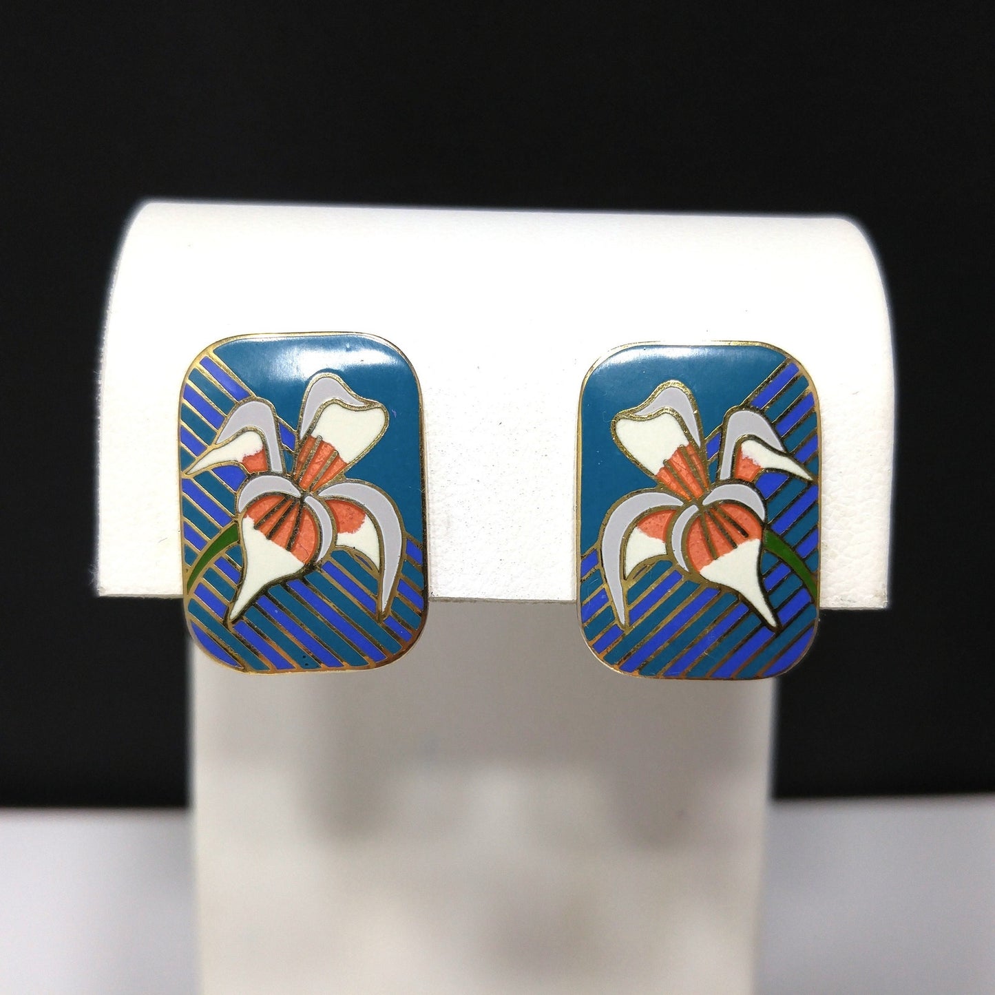 Vintage Laurel Burch "Iris" Clip On Earrings, Gold Plated Cloisonné Enamel, 1980
