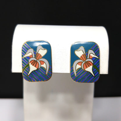Vintage Laurel Burch "Iris" Clip On Earrings, Gold Plated Cloisonné Enamel, 1980