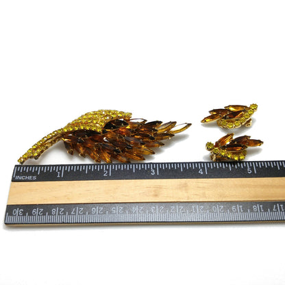 Yellow Topaz Rhinestones Brooch & Earrings, Gold Plated, 1960s Vintage Jewelry