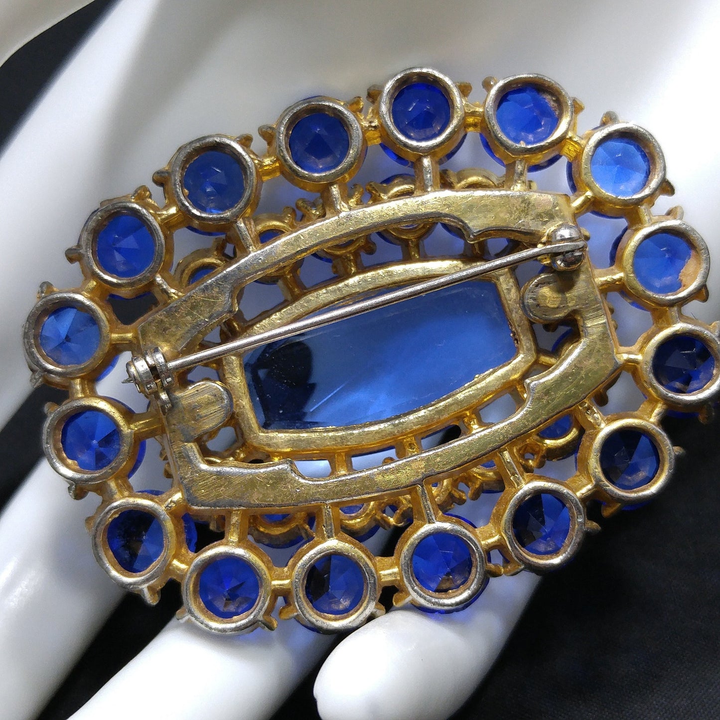 Cobalt Blue Glass Rhinestone Brooch, Large Center Blue Stone, 1940s Vintage Jewelry