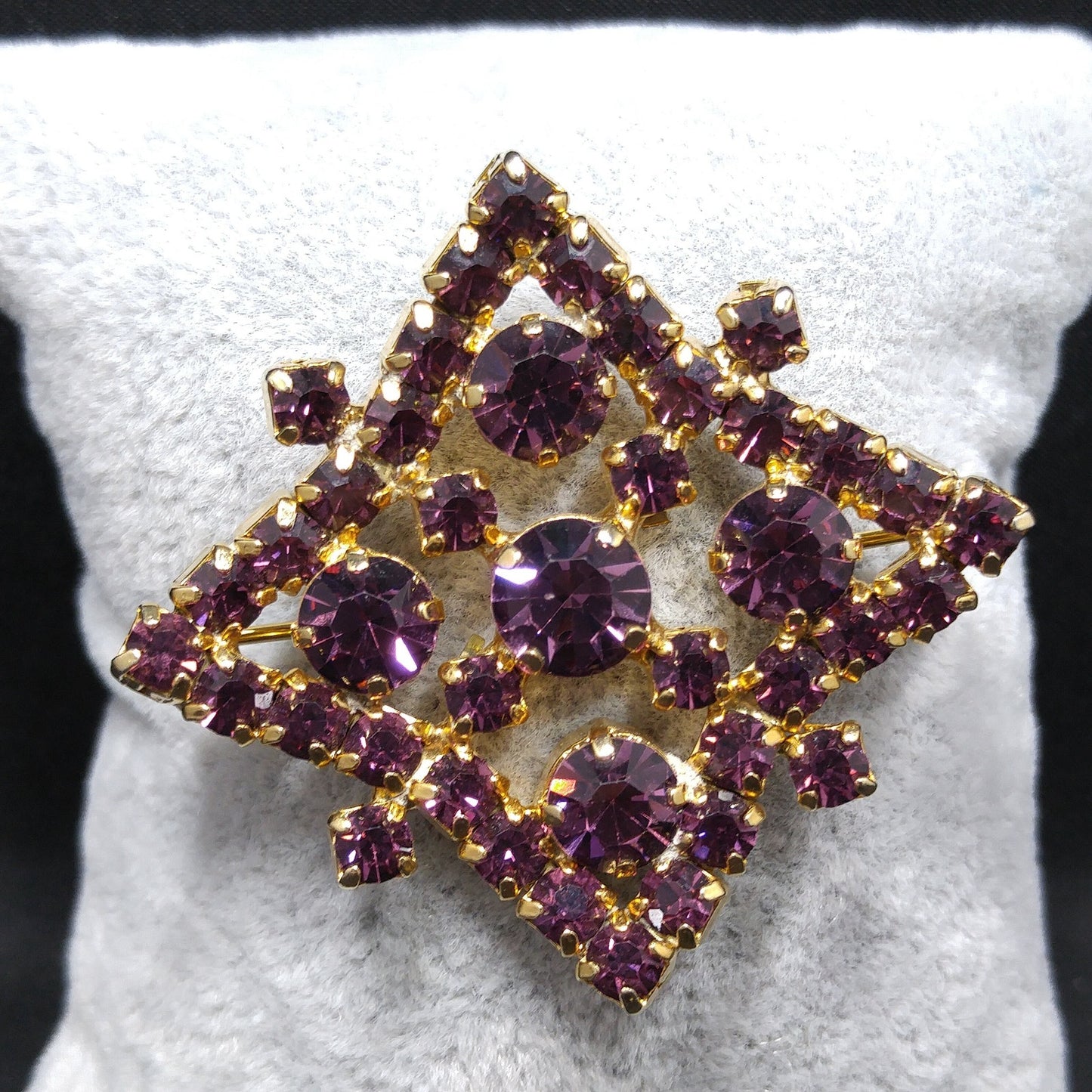 Kramer of New York Purple Rhinestone Brooch, Gold Plated, 1960s Vintage Jewelry