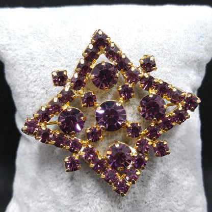 Kramer of New York Purple Rhinestone Brooch, Gold Plated, 1960s Vintage Jewelry