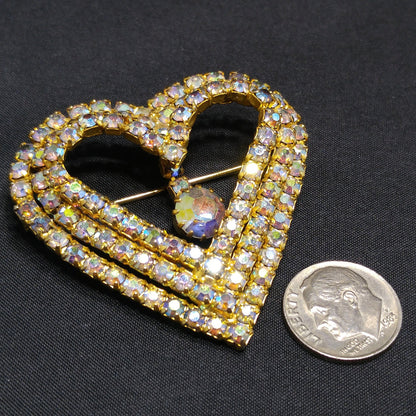 Aurora Borealis Heart Brooch, AB Rhinestone Dangle, 1960s Vintage Jewelry