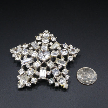 Vintage Clear Rhinestone Five Star Brooch, Heavily Rhodium Plated, 1950s Vintage Jewelry