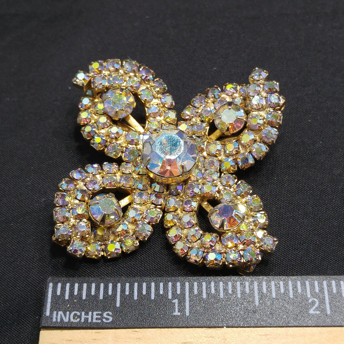 Aurora Borealis Flower Brooch, Gold Plated, 1960s Vintage Jewelry