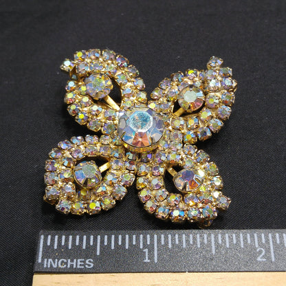 Aurora Borealis Flower Brooch, Gold Plated, 1960s Vintage Jewelry