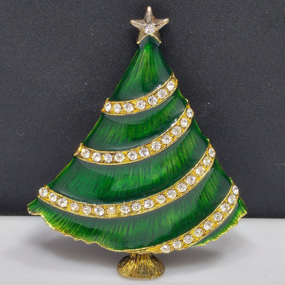 Eisenberg Ice Christmas Tree Brooch, Green Enamel, Gold Plate, 1960s Vintage Jewelry