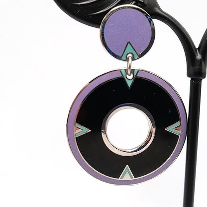 Laurel Burch "Summer Moon" Drop Earrings, Cloisonne Enamel, Rhodium Plate, Rare 1980s Vintage Jewelry