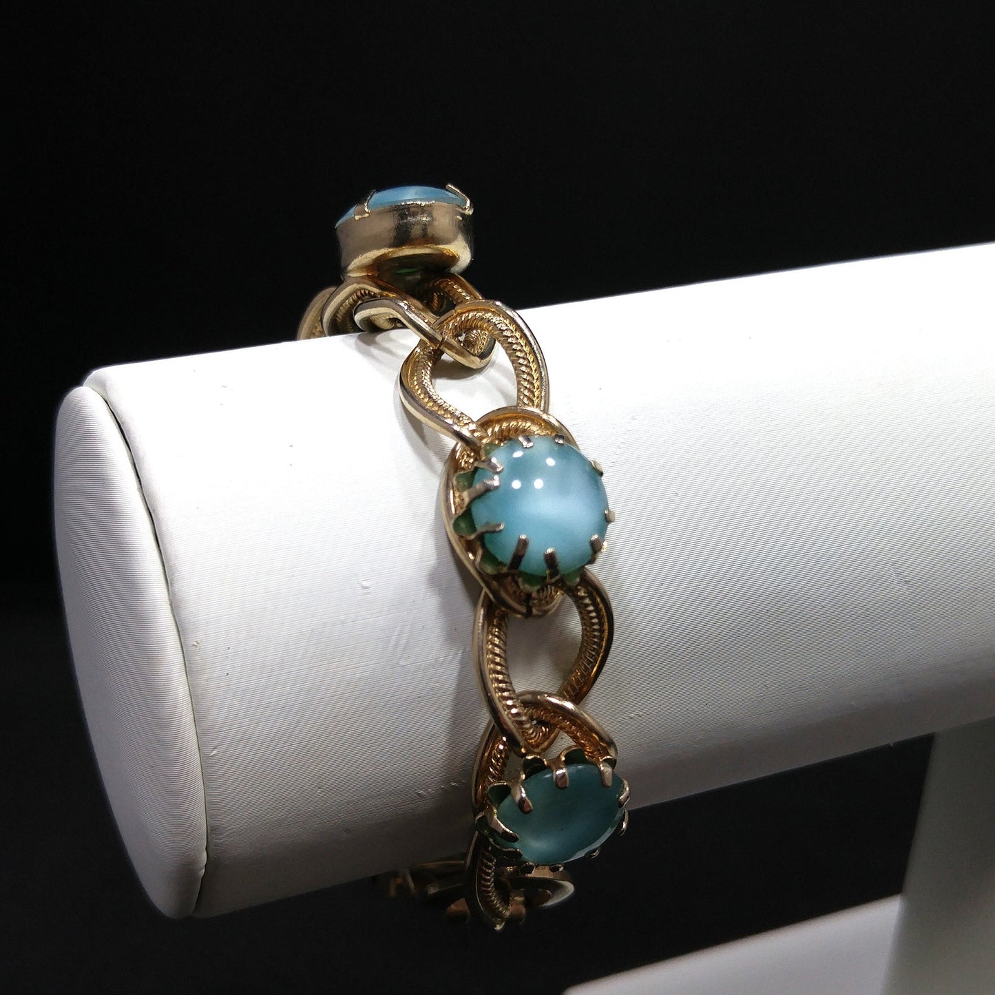 Vintage 1950s Gold Tone Bracelet Blue Art Glass Cabochons Mid Century