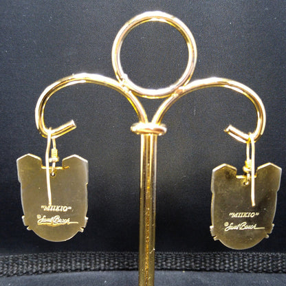 Laurel Burch "Miikio" Earrings, Gold Plated Enamel Large Cat Faces, 1980s Vintage Jewelry