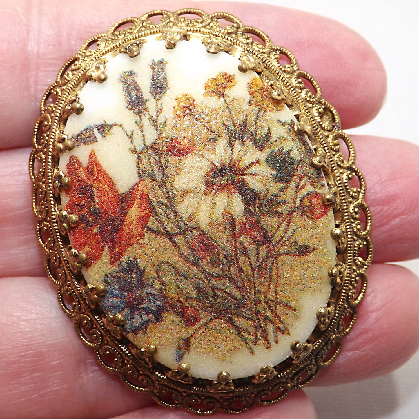 West Germany Sugar Glass Floral Brooch, Filigree Back, 1960s Vintage Jewelry
