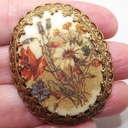 West Germany Sugar Glass Floral Brooch, Filigree Back, 1960s Vintage Jewelry