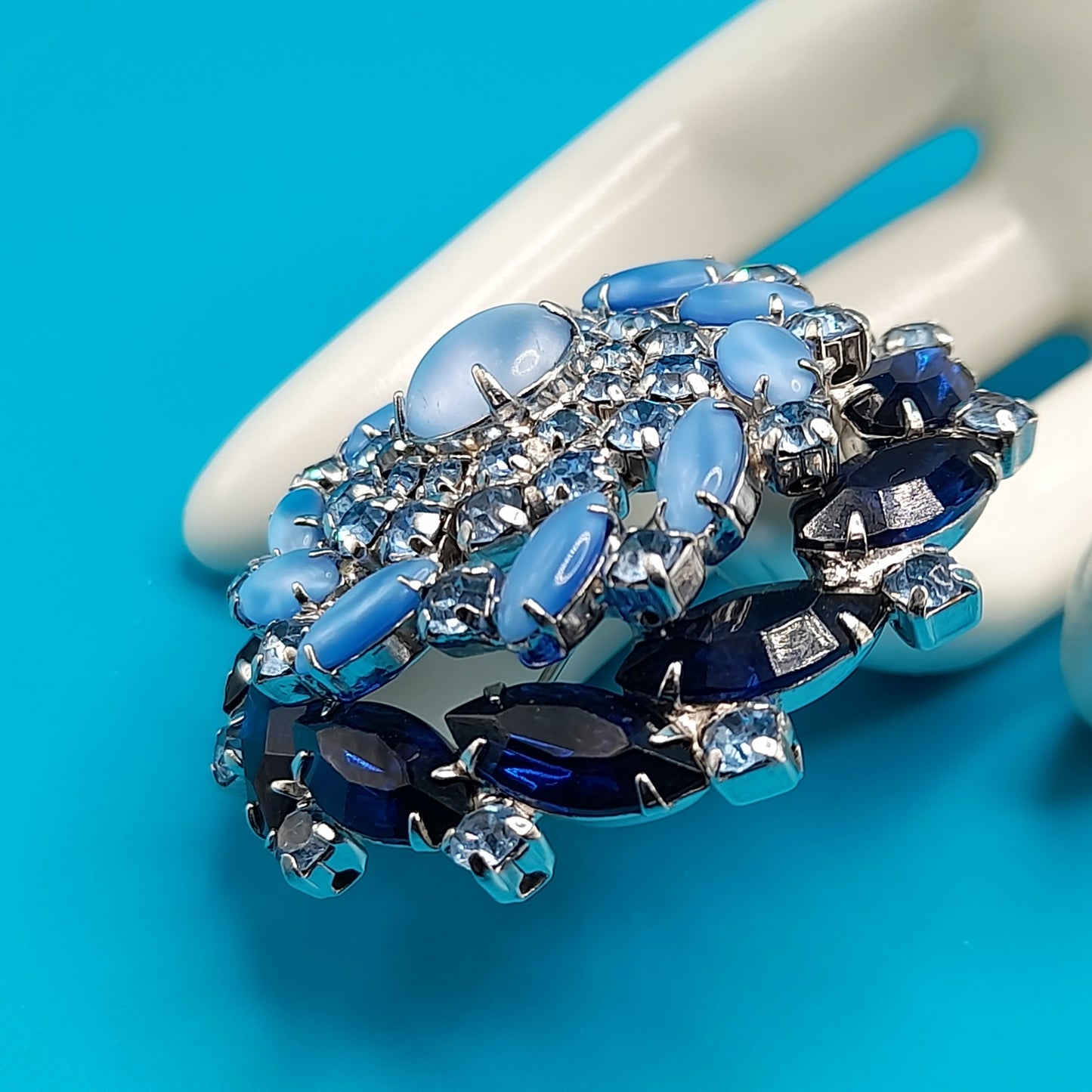 Vintage Blue Domed Rhinestone Brooch Light & Dark Blue Cabochon 1960s