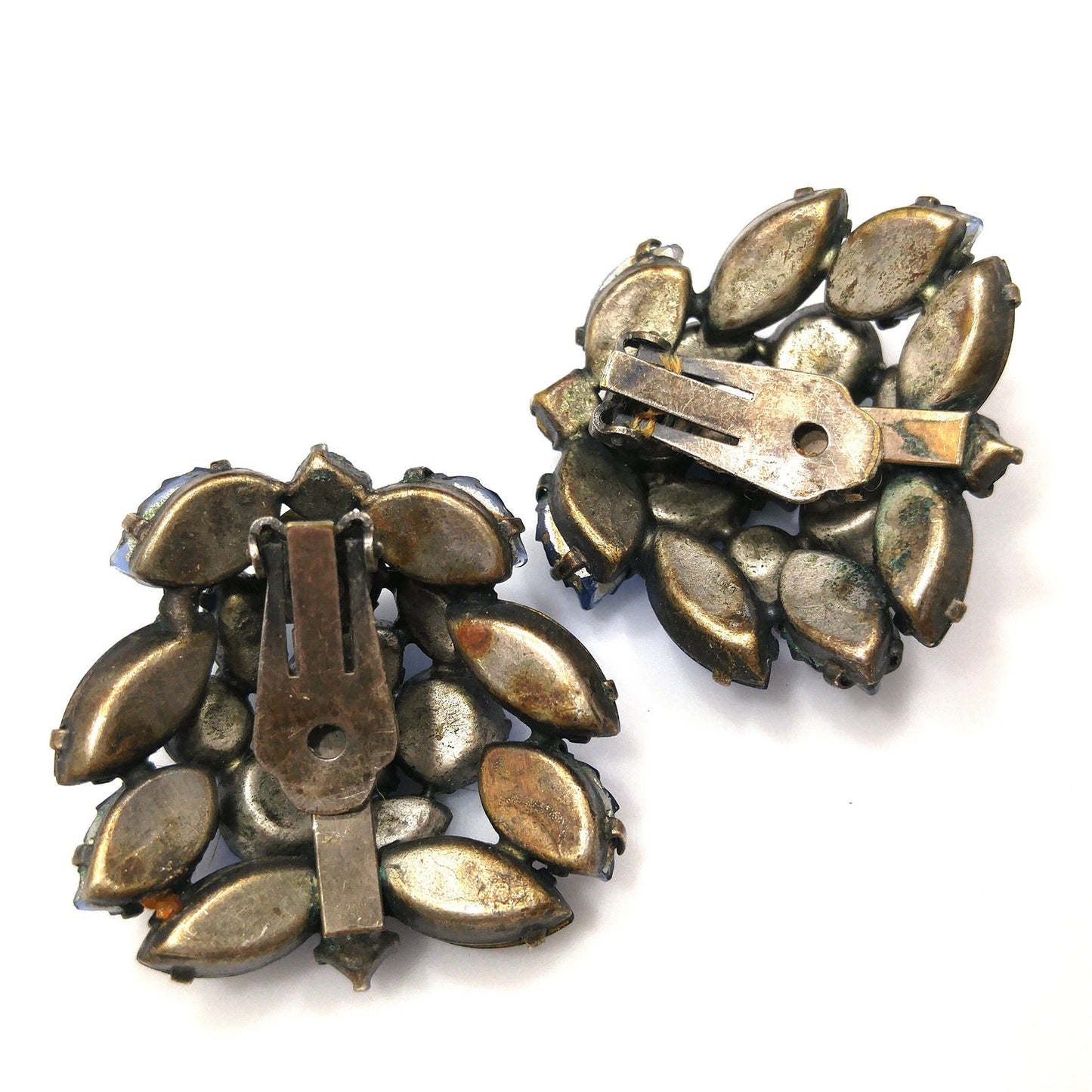 Regency 1950s Blue Rhinestone Brooch Earrings Set Art Glass Leaf Vintage