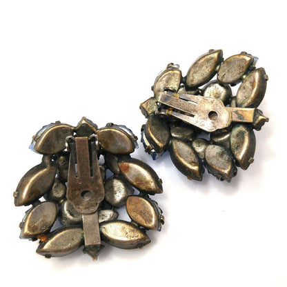 Regency 1950s Blue Rhinestone Brooch Earrings Set Art Glass Leaf Vintage