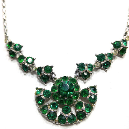 Bogoff Green Rhinestone Pendant Choker Necklace, Rhodium Plated, 1940s Vintage Jewelry