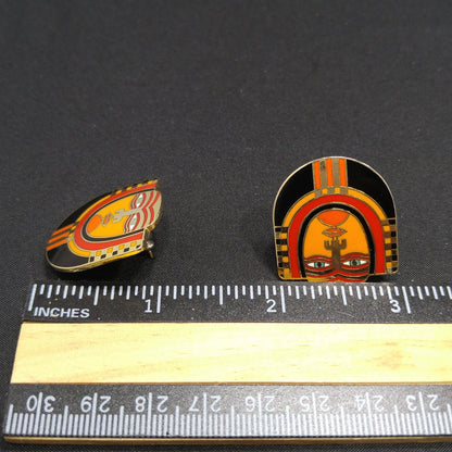 Laurel Burch "Maori" Tribal Face Mask Post Earrings, Cloisonne Enamel, 1980s