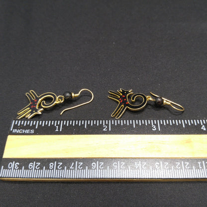 Vintage Laurel Burch Black Dog Earrings, Gold Plated, Cloisonne Enamel