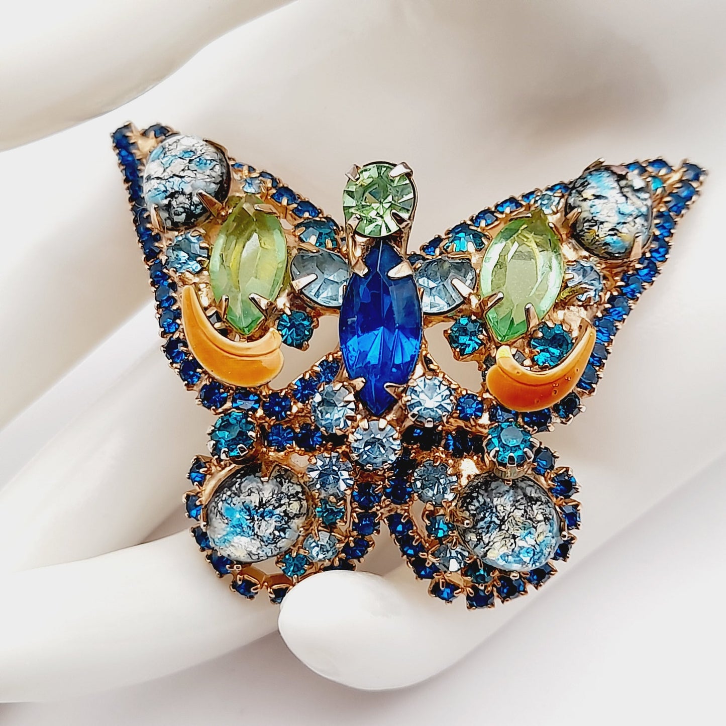 Vintage Butterfly Rhinestone Brooch – Sapphire Blue, Green & Art Glass Cabochon, Gold Tone Statement Jewelry