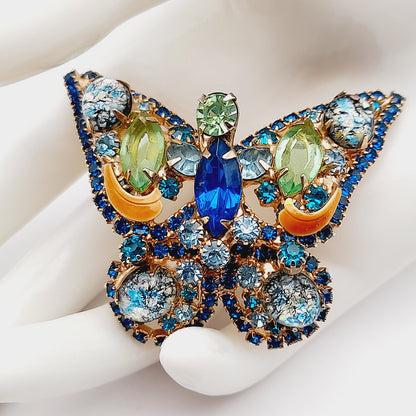 Vintage Butterfly Rhinestone Brooch – Sapphire Blue, Green & Art Glass Cabochon, Gold Tone Statement Jewelry