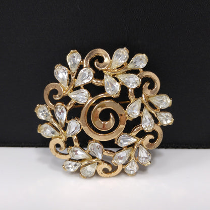 Crown Trifari Floral Brooch, Gold Plated, Clear Rhinestones, 1960s Vintage