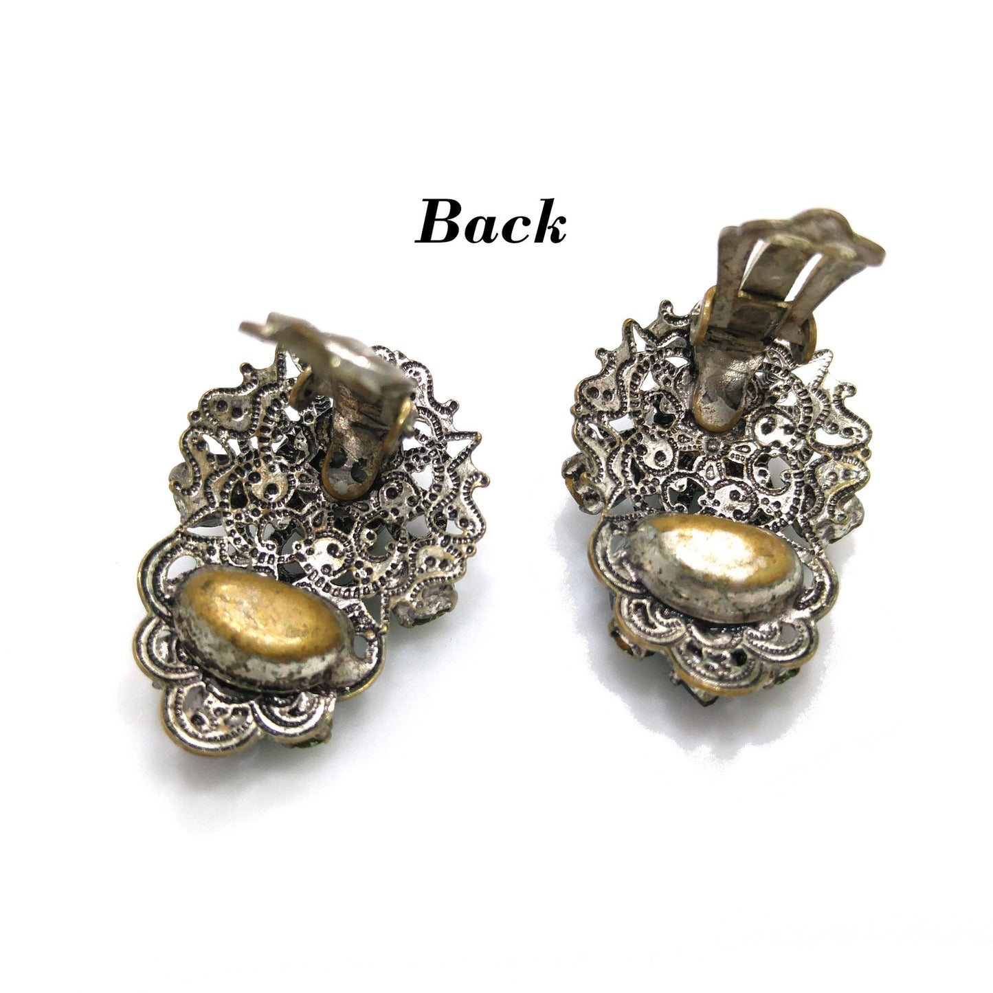 Western Germany Green Filigree Clip Earrings, Light Dark Green Rhinestones, 1950s Vintage Jewelry