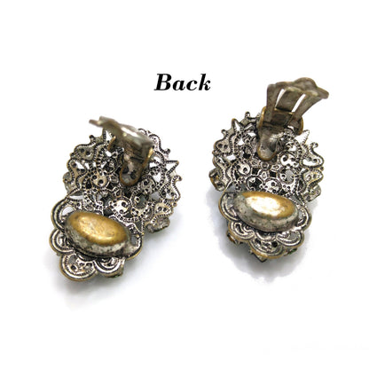 Western Germany Green Filigree Clip Earrings, Light Dark Green Rhinestones, 1950s Vintage Jewelry