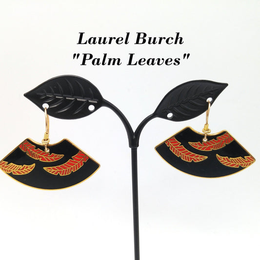 Laurel Burch "Palm Leaves" Earrings, Red Black Enamel, Gold Plated, 1980s Vintage Jewelry