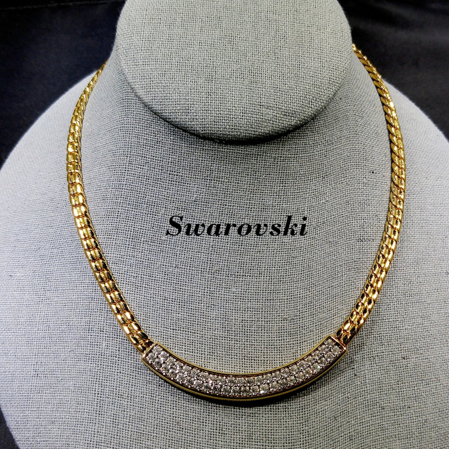 Vintage Swarovski Clear Rhinestone Gold Chain Necklace 1980s Swan Logo Signed