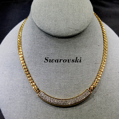 Vintage Swarovski Clear Rhinestone Gold Chain Necklace 1980s Swan Logo Signed
