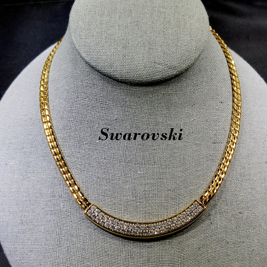 Vintage Swarovski Clear Rhinestone Gold Chain Necklace 1980s Swan Logo Signed