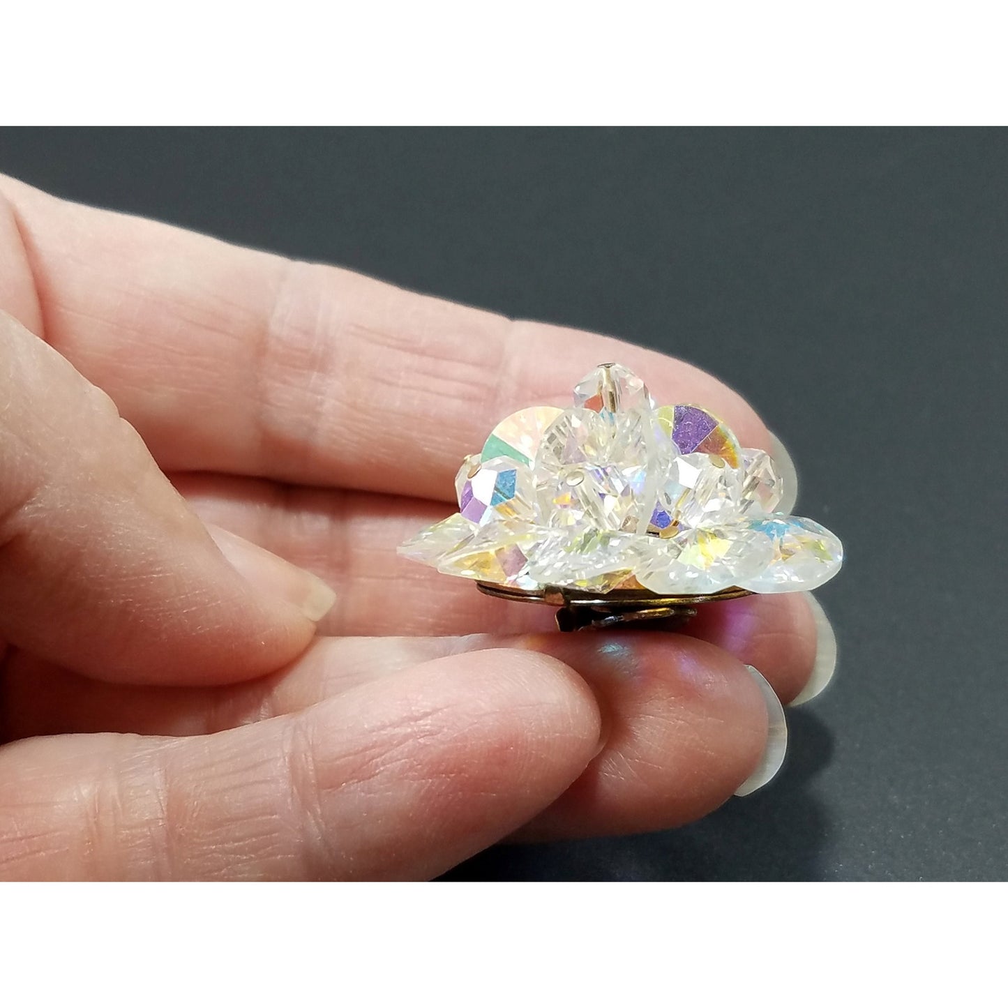 Laguna Aurora Borealis Crystal Earrings, 1950s Clip On Vintage Jewelry