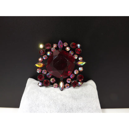 Red Large Rhinestone Aurora Borealis Brooch, Japanned Black Enamel, 1970s Vintage Jewelry