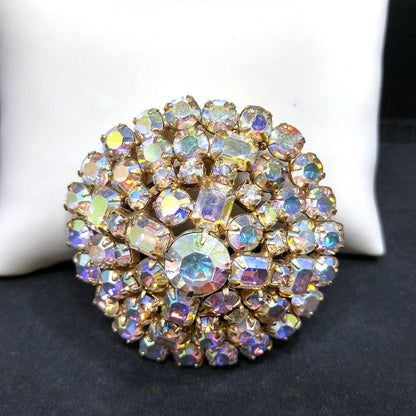 Aurora Borealis Clear Rhinestone Domed Brooch, 1960s Vintage Jewelry