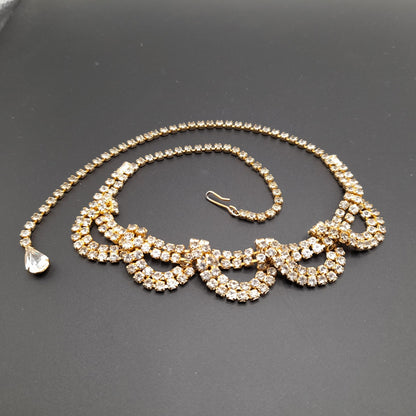Vintage Looped Clear Rhinestone Necklace, Gold Tone, 1950s