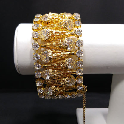 Vintage Clear Rhinestone Wide Filigree Bracelet Gold Tone Safety Chain 1950s
