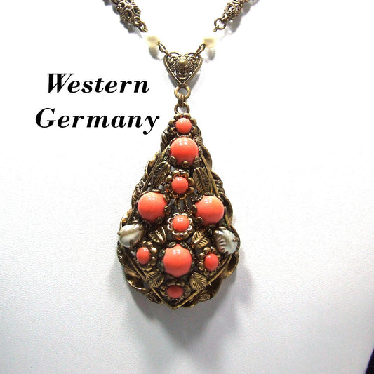 West Germany Orange Cabochon Glass Rhinestone Necklace, Faux Pearls, 1950s Vintage Jewelry